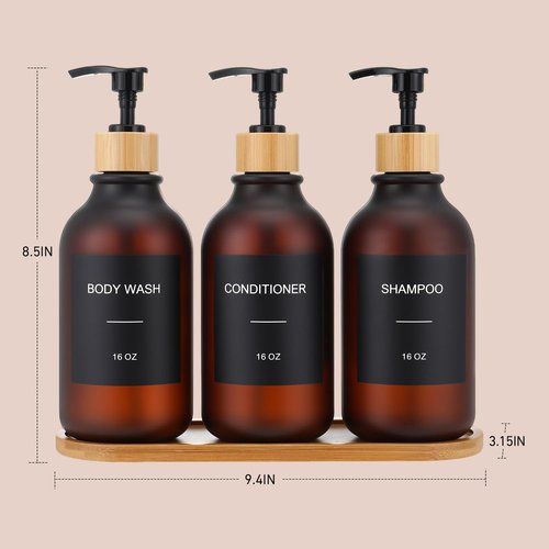Shampoo and Conditioner Dispenser, Shower Soap Dispenser with Bamboo Pumps/Tray, Refillable Shampoo and Conditioner Bottles, Shower Shampoo Dispenser 3 Chamber, 16oz(Amber)