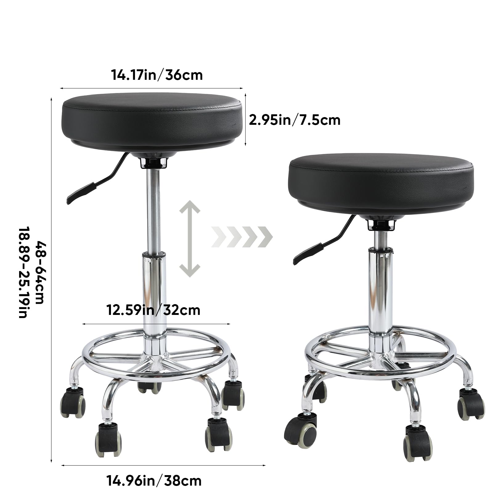 Viviange Adjustable Rolling Stool with Wheels - Ergonomic Salon & Tattoo Artist Chair, Office Stool with Comfortable PU Leather Seat,Black
