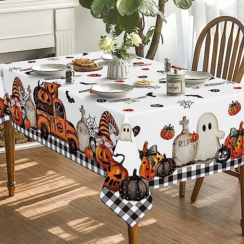 Halloween Tablecloth 60 x 140 Inch Rectangular Ghost Pumpkin Orange - Durable Polyester