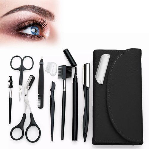 Senbos 8-in-1 Eyebrow Grooming Kit – Professional Eyebrow Trimmer, Scissors, Tweezers, Brush & Dermaplaning Tool – Precision Brow Shaping Kit for Men & Women – Includes Leather Travel Case