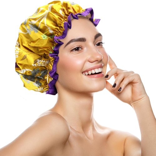 4 Pcs Reusable Waterproof Shower Hat with PEVA Lining Double Layers Elastic Satin Large Shower Caps Washable Shower Hats for Girls Women Long Hair All Hair Lengths
