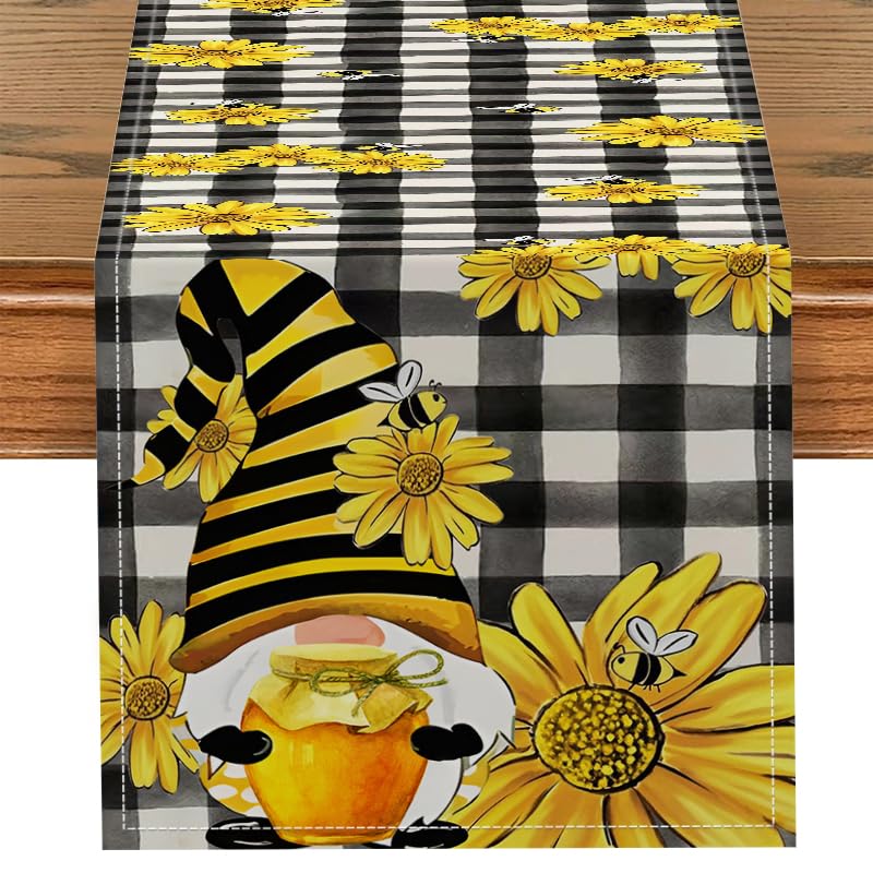 Bee Gnome Table Runner with Sunflower Design - Rustic Farmhouse Kitchen Decor, 13x72 Inch (Sunflower Bee Gnome)