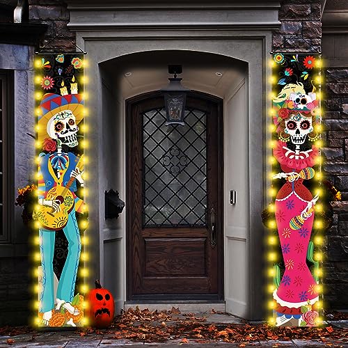 3-Pack Day of The Dead Porch Signs with LED Lights - Mexican Sugar Skull Door Decorations for Halloween & Fiesta