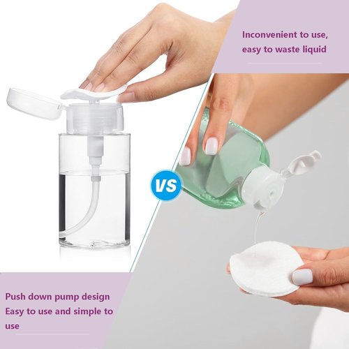 Moonlik 3Pack Acetone Dispenser, Push Down Pump Dispenser Nail Polish Remover Alcohol Bottle with Labels Empty Travel Container with Label for Makeup Liquid Jar 6.7oz/200ML