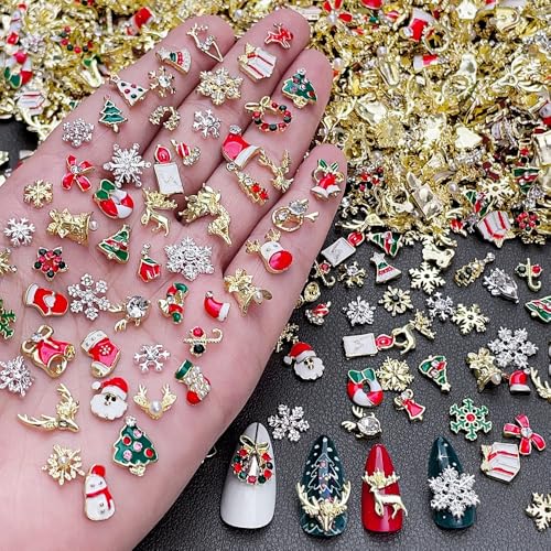 Green Christmas Nail Charms Set - 30 Pcs 3D Snowflake, Snowman, Elk, Santa, Xmas Tree Decorations for Nail Art