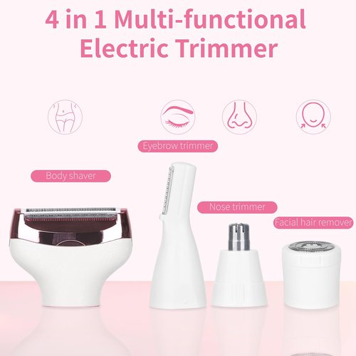Beanify Electric Razor for Women Men,4 in 1 Painless Ladies Wet & Dry Body Razors and Facial Hair Remover,Rechargeable Led Display Hair Removal Kit for Nose Face Body Leg Bikini Arm Hair (Pink)