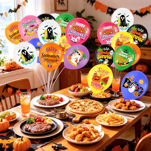 Summer Halloween Balloons Set with Tropical Ghosts and Spooky Designs - 36 pcs