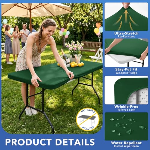 Fitted 8ft Rectangle Tablecloth with Elastic Edges - Hunter Green, 30 x 96 Inches, 6 Pack