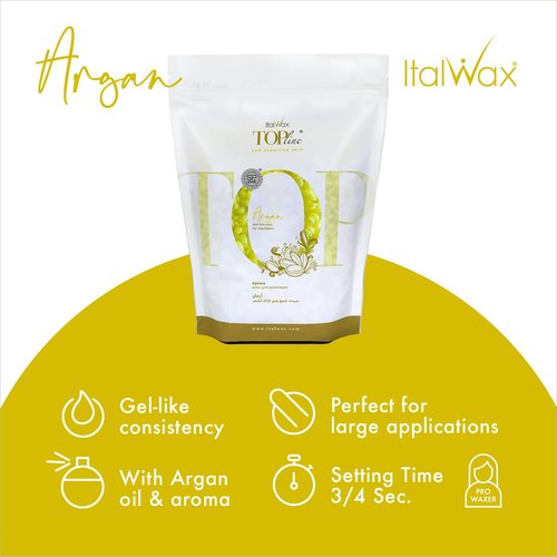 Italwax Top Line Argan Hard Wax Beads 1.65 lb (750 g) – Fast-Setting Transparent Jelly Wax Enriched with Argan Oil, Floral Scent, Strong Grip for Face & Underarms, Professional Use – Made in Italy
