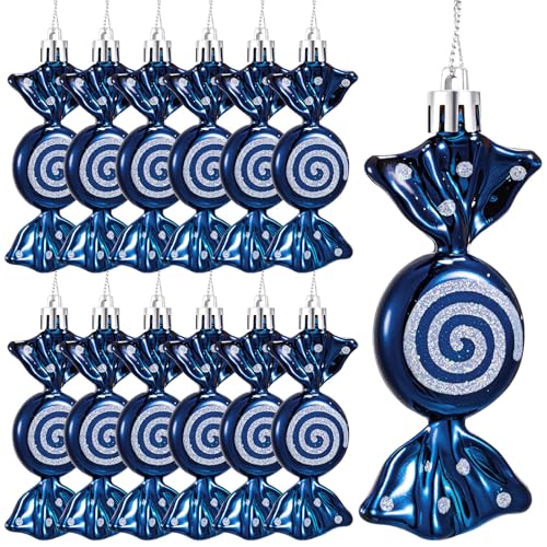 Dark Blue Glitter Candy Cane Christmas Ornaments Set - 12 Pcs Holiday Decor