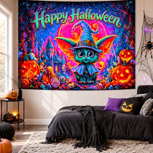 Halloween Wizard Cat UV Reactive Glow Wall Tapestry, 90x70 Inches - Spooky Backdrop
