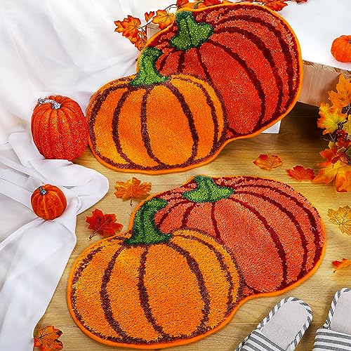 Thanksgiving Pumpkin Bathroom Rugs 2-Pack Non Slip Fall Decor - 26 x 20 Inches