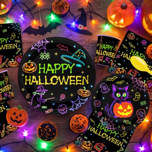Neon Halloween Party Tableware Set - 170 Pieces for 24 Guests