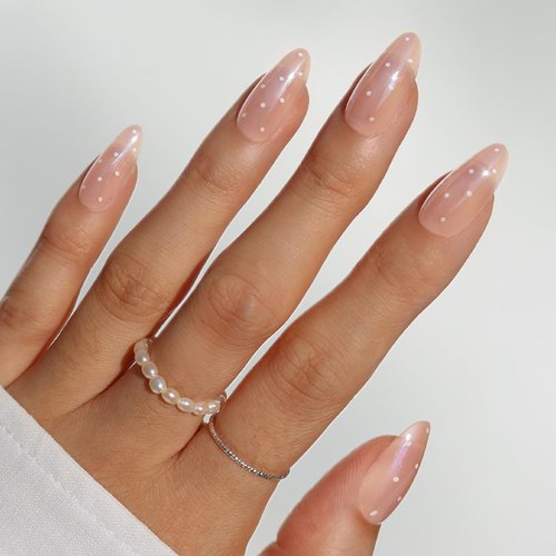 Glamnetic Press On Nails - Sugar Glazed | Medium Oval Fake Nails with a Sheer Nude Base, Mini White Polka Dots & Glazed Finish, Salon Quality Everyday Nails | 15 Sizes - 30 Nail Kit with Glue