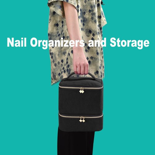 Corduroy Nail Polish Organizer and Nail Lamp Case, Nail Kit Organizer Holds 30 Bottles (15ml - 0.5 fl.oz) and a Nail Lamp, Nail Polish Carrying Case with Manicure Tools Storage Sections (Black)
