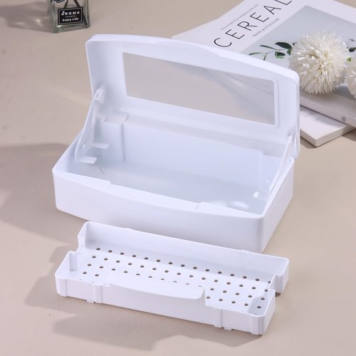 Nail Tool Sterilizer Box Plastic Disinfectant Container for Nail Art Accessories Tools, Sterilizer Soaking Box with Strainer Pedicure Manicure Cleaning Equipment, White