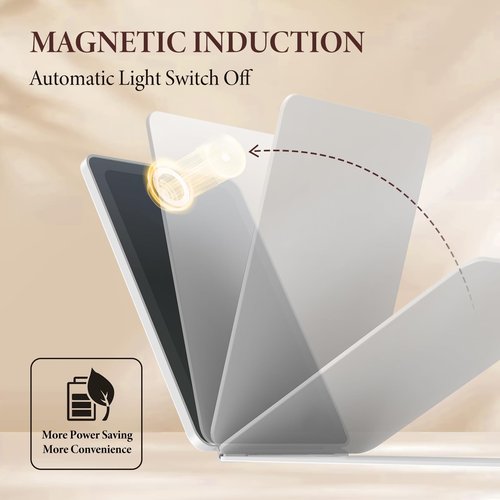 Travel Makeup Mirror with Time & Temperature Display, 2000mAh Rechargeable Battery, 7.5" Portable Foldable Lighted Mirror with 148 Led Lights, 3 Color Lighting Modes, Touch Dimming