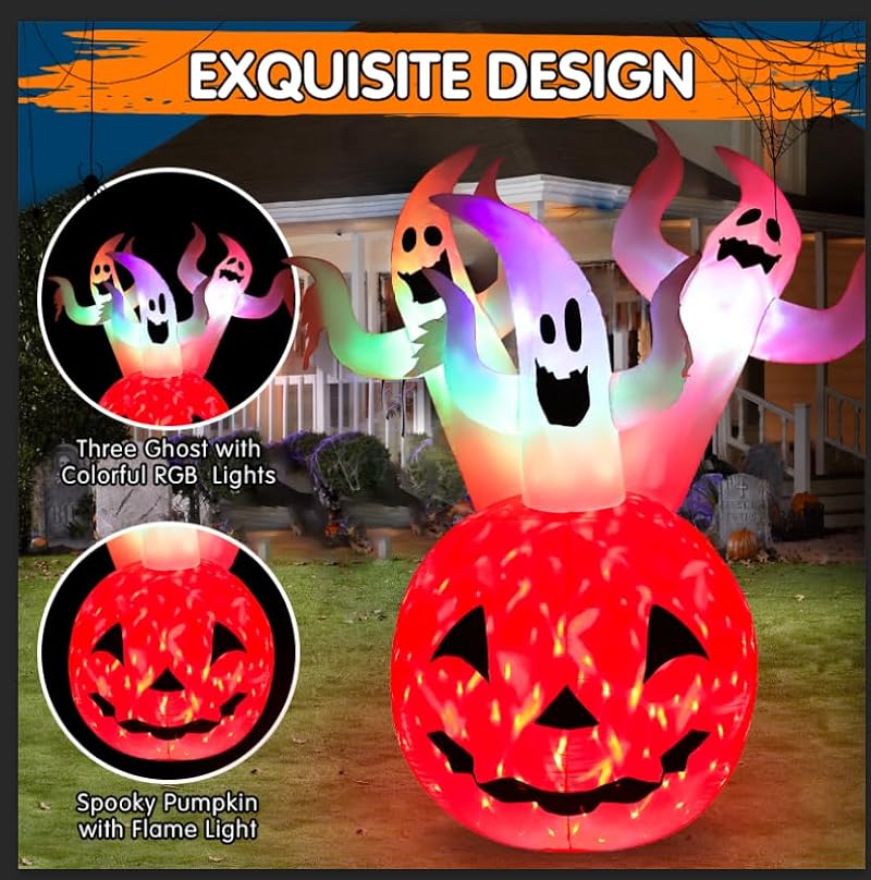 6ft Halloween Inflatable Pumpkin Ghost Yard Decor with RGB Lights and LED Flame