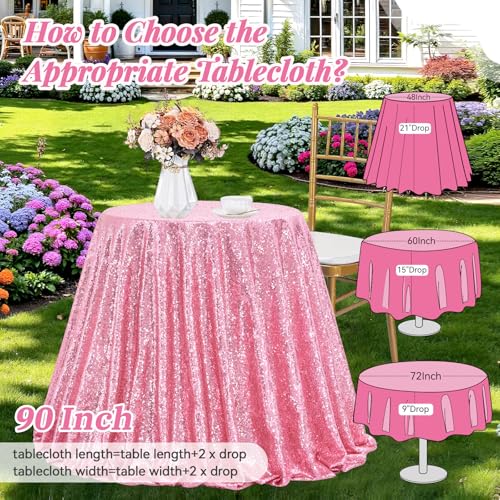Fuchsia Pink Round Sequin Tablecloth - 90 Inch Glitter Cover for Weddings & Parties