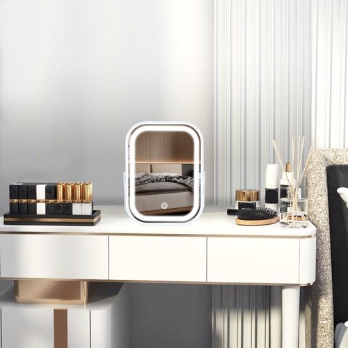 Leadzones Rechargeable Desk Vanity Makeup Mirror with Lights,8x6 Inch Folding Portable Mirror with Metal Stand Adjustable Rotation,Tavel Make Up Mirror for Table