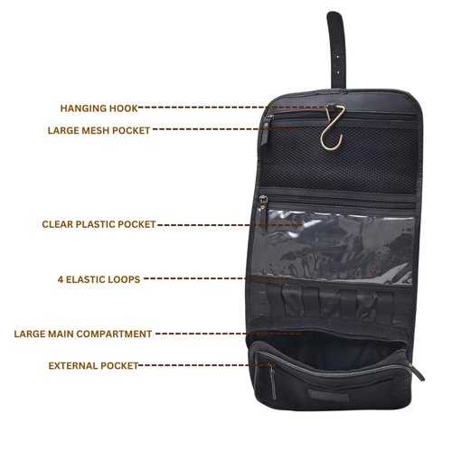 Autentico Leather Genuine Buffalo Leather Hanging Toiletry Bag with Waterproof Lining for Men & Women Handcrafted Vintage Distressed Brownn Leather Dopp Kit, Travelling Kit (Black)