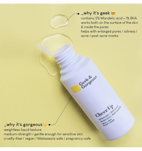 Geek & Gorgeous Cheer Up Exfoliating Liquid - Mandelic Acid & Salicylic Acid for Oily Skin - 1 oz
