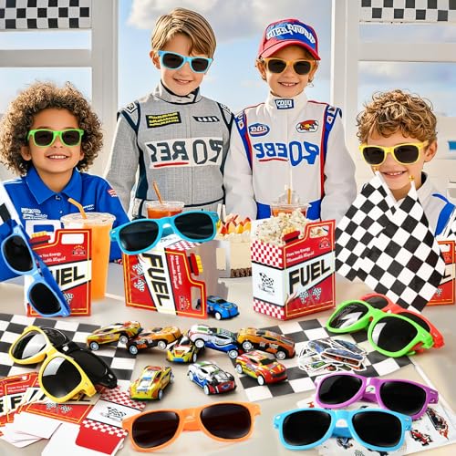 Race Car Party Favors Set - Style 1, Includes Gift Boxes, Pull-Back Cars, Sunglasses & Stickers for Kids' Birthday