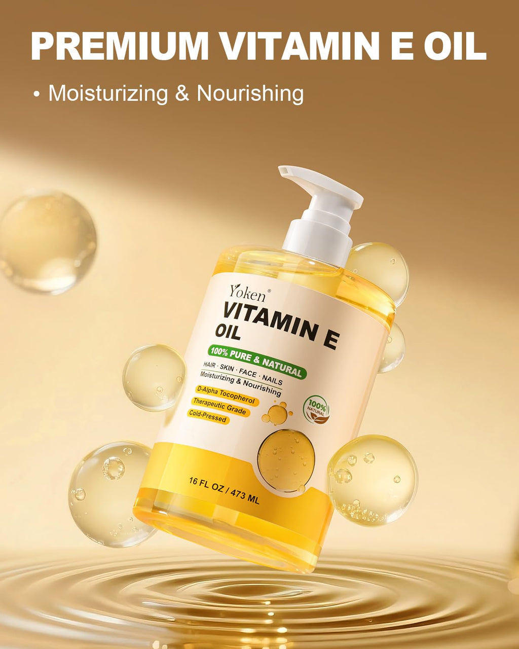 Yoken Vitamin E Oil 16 Fl Oz Vitamina E Oil for Skin Bulk Vitamine oils for Face,Cold Pressed Hexane Free Formula Liquid Perfect Care Bath and Body oils