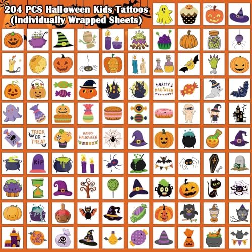 Kids Halloween Temporary Tattoos Set - 204 Sheets Party Favors & Decorations