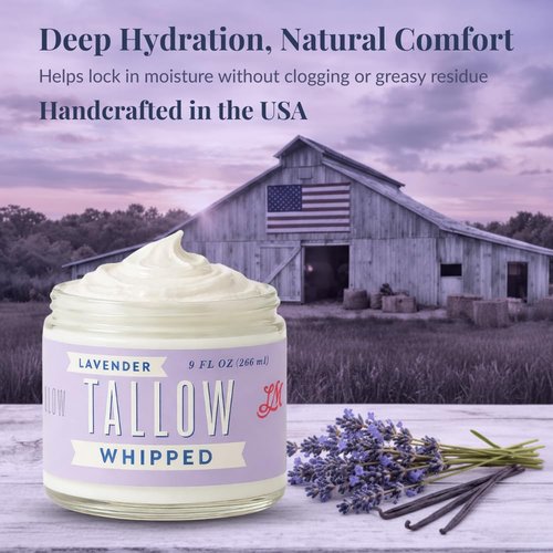 Lady May Tallow Whipped Tallow 9oz - All Natural Face Cream + Whole Body Moisturizer for Dry Skin - Made With Scented Oil Blend - No Preservatives, Parabens or Seed Oils - USA Made (Lavender)