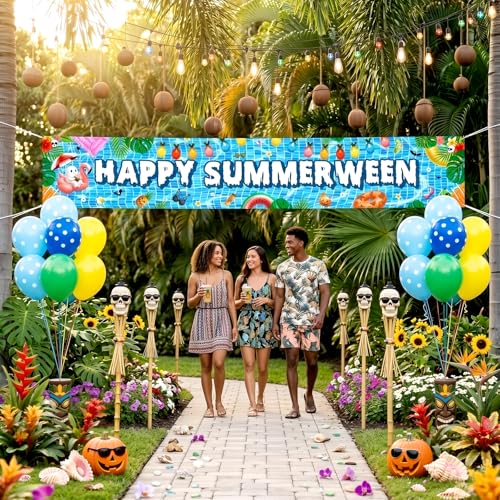 Summerween Pool Party Banner with Balloons - Outdoor Indoor Halloween & Summer Decor