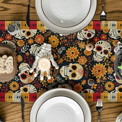Sugar Skull Table Runner - Day of The Dead Mexican Decor for Dining Table 13x72 Inches