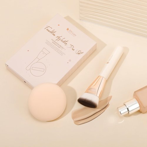 DUcare Foundation Brush & Makeup Puff Set, Flat Top Kabuki Brush for Liquid Cream Powder, Cream Perfect for Base Makeup