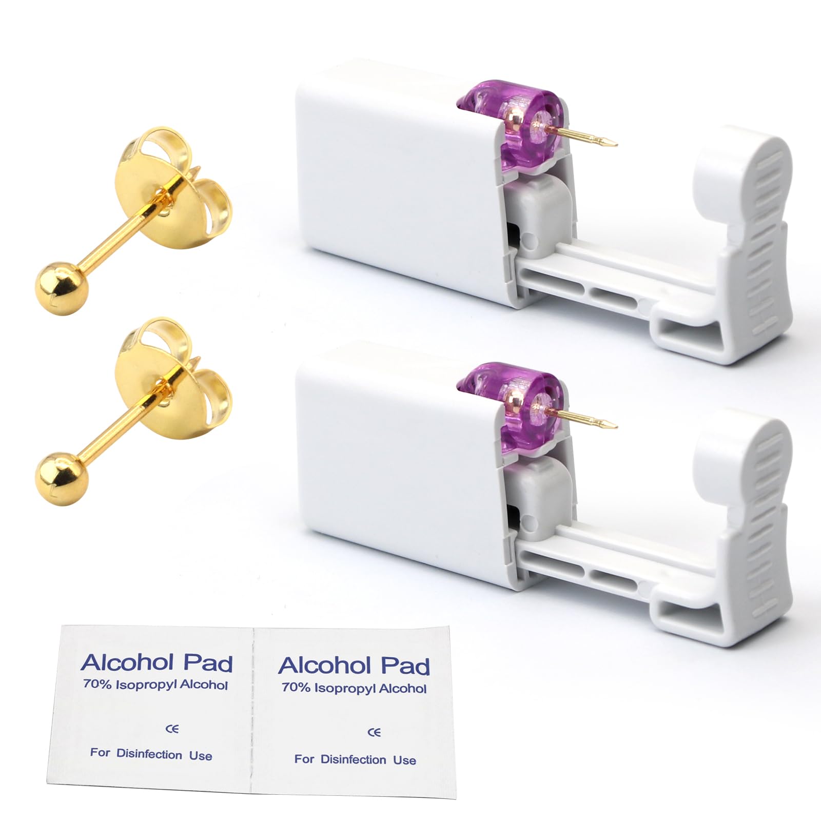 YINPAD 2 psc Ear Piercing Kit, Disposable ear piercing gun tool, pre-installed with gold 3mm pea earrings, at Home Self Piercing Kit (Little golden ball)
