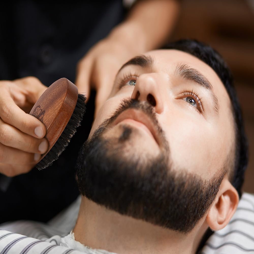 Walnut Wood Grooming Set for Men: Boar Bristle Brush, Beard Comb, Mustache Scissors, and Travel Bag