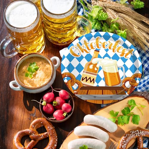 Oktoberfest Paper Plate Set - Blue & White Beer Theme Disposable Party Plates