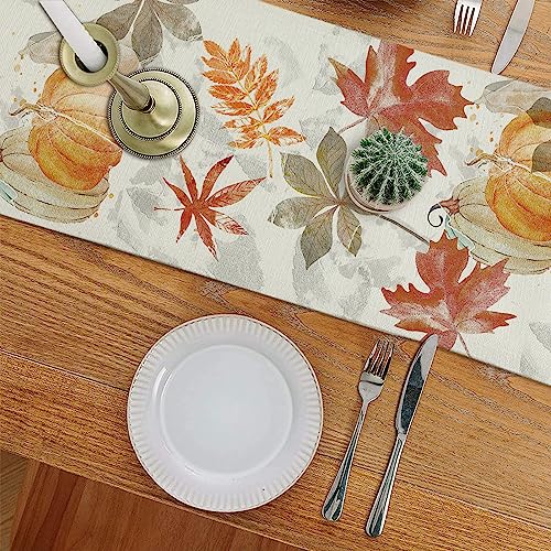 Fall Table Runner Pumpkin Maple Leaf Watercolor 13x72 Inch Seasonal Autumn Dining Decor - GAGEC