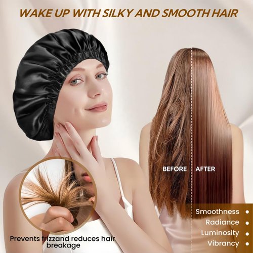 VECIIR Satin Bonnet Silk Bonnet for Sleeping Women and Men, Ajustable Hair Bonnet for Curly Hair with Double Layer Hair Bonnet,Black - Black,Medium