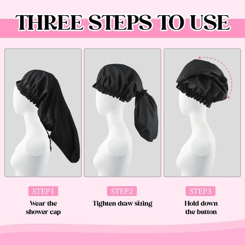 2 Pcs Large Shower Cap for Braids, Extra Long Shower Cap for Women Long Hair & Locs, Waterproof Hair Bonnets for Dreadlocks Drawstring Bath Caps for Women & Men (Black, Pink)