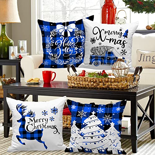 Blue Christmas Throw Pillow Covers Set of 4 26x26 Holiday Farmhouse Decor