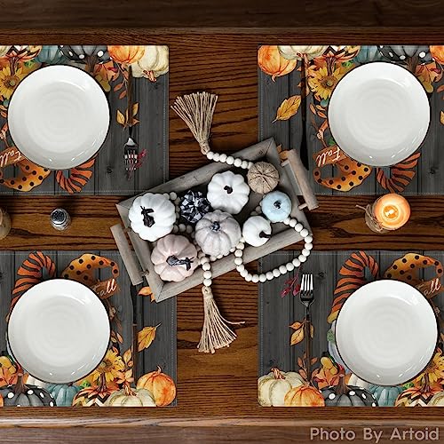 Black Rectangular Fall Gnome Leaves Pumpkins Placemats Set of 6, 12 x 18 Inches