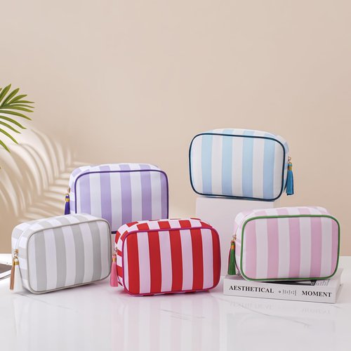 RSRSLEII Large Stripe Canvas Zipper Makeup Bag,Aesthetic Tassel Travel Cosmetic Bag,Coquette Toiletry Bag, Girls Handbags Purses,Accessories Storage Bag for Women Girls (Pink)