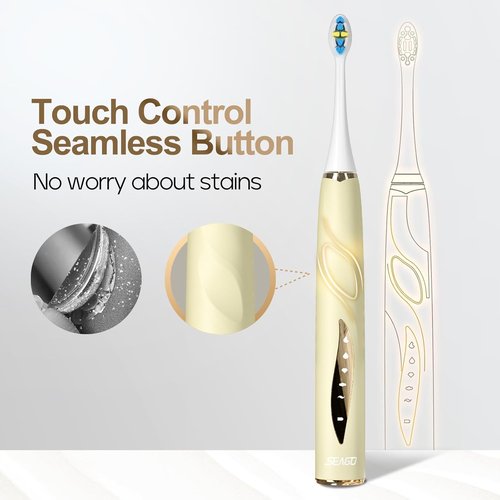 SEAGO Electric Toothbrush - Rechargeable Sonic Toothbrush with 8 Brush Heads & Pressure Sensor | Beige