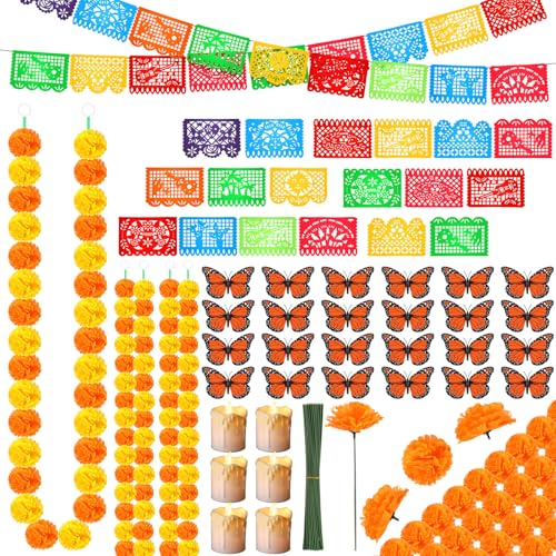 Day of the Dead Decoration Set with Marigolds Butterfly Banners Votive Candles - Orange and Yellow