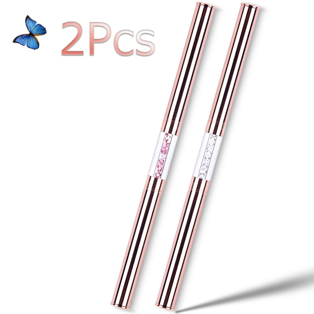 Ycyan 2Pcs Dual-ended UV Gel Nail Brush Set Rhinestone Handle Nail Art Design Brushes Professional Nail Tools Rose Gold