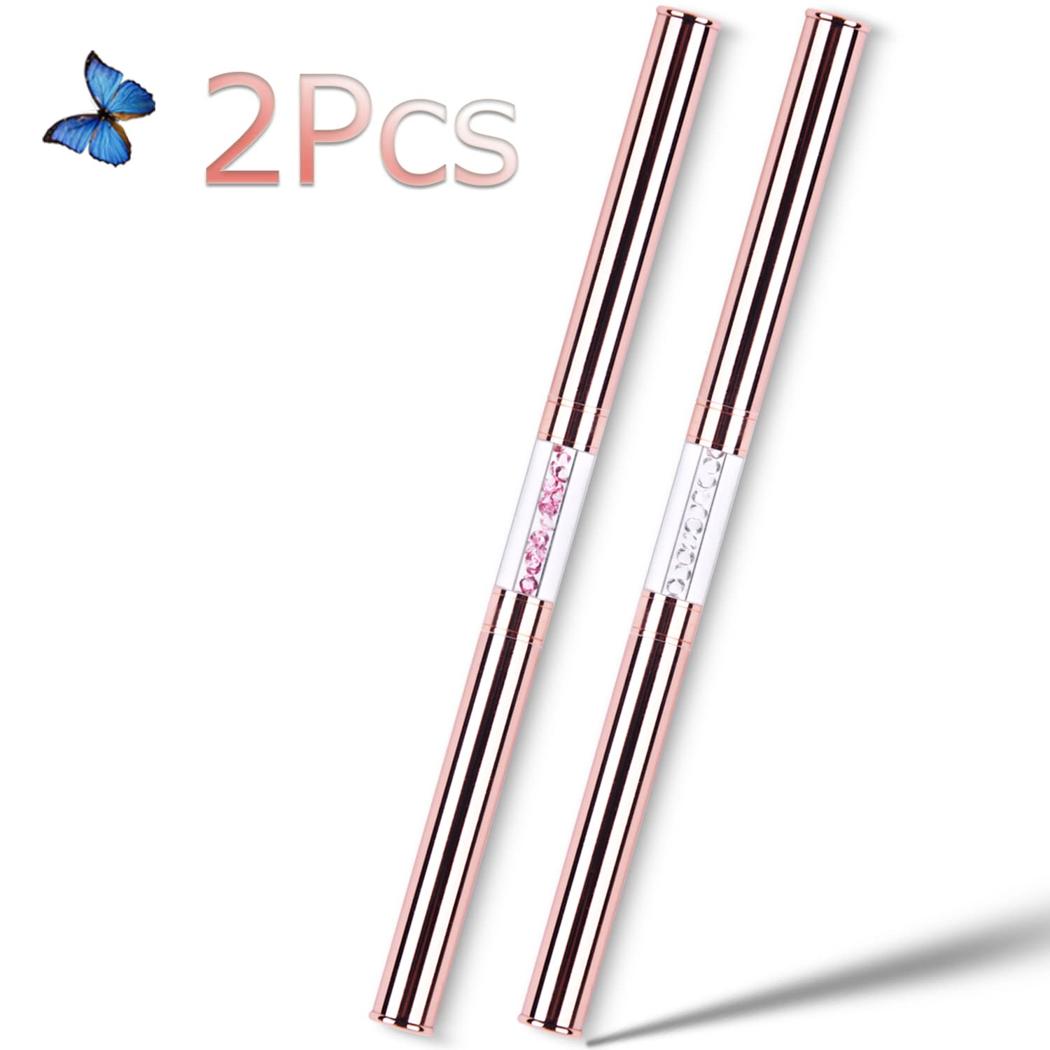 Ycyan 2Pcs Dual-ended UV Gel Nail Brush Set Rhinestone Handle Nail Art Design Brushes Professional Nail Tools Rose Gold