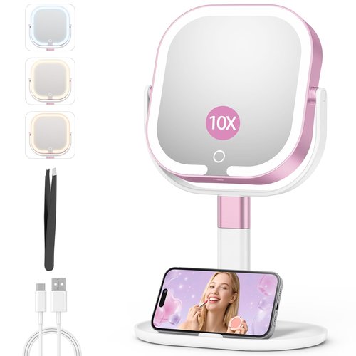 Unbednigt Makeup Mirror with Lights, 1X/10X Magnifying Vanity Mirror with Rechargeable 3 Color Lights, 360° Rotation 2-Sided Height Adjustable Brightness Cosmetic Lighted Magnified Mirror Tweezer