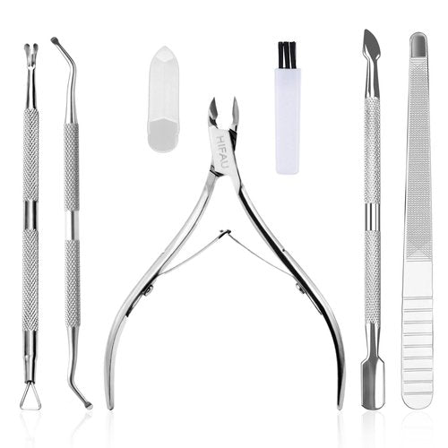 HIFAU Professional Cuticle Nippers Set, Stainless Steel Manicure Kit - Cuticle Nipper, Cuticle Pusher & Cutter, Triangle Nail Polish Remove Tool & Cuticle Trimmer, Nail File, Nail Lifter, Home & Salon