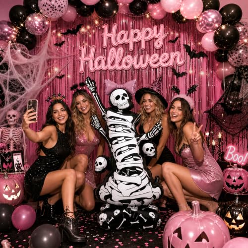 3.5FT Self-Standing Skeleton Balloon with Pink Bow Halloween Indoor Outdoor Decor - 1 PCS