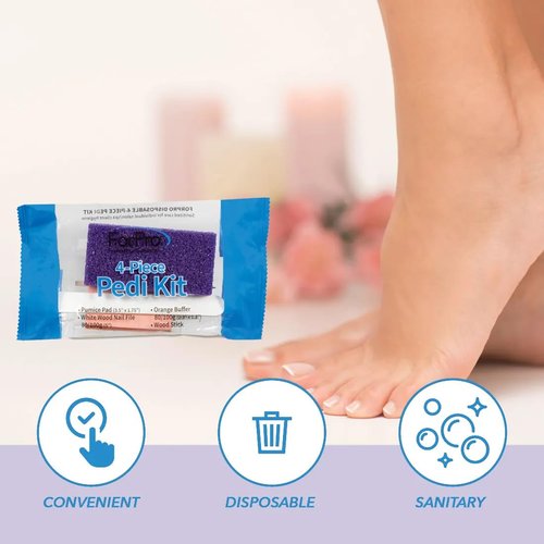 ForPro 4-Piece Pedi Kit, 100-Count, Individually-Packed Pedicure Set, Purple Pumice Pad, White Wood Nail File 80/100 Grit, Orange Mini Buffer 80/100 Grit, Wood Stick